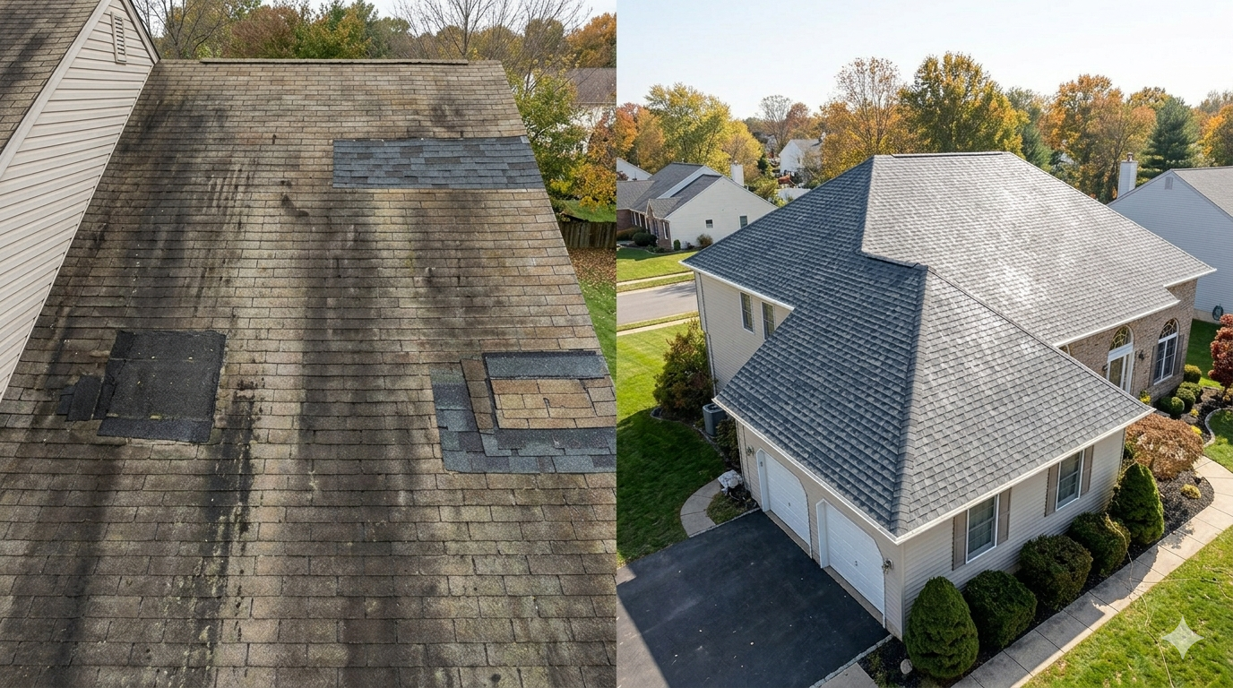 Before and after aerial view of damaged shingles replaced with new asphalt roofing in NJ