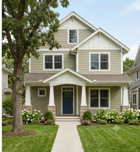 Sage green fiber cement siding mixed with white board and batten in the gables of a modern craftsman home.