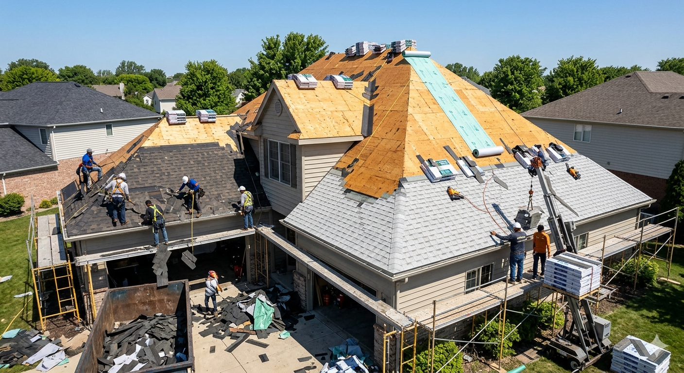 A high-angle wide landscape photograph of a residential full roof replacement in progress on a two-story suburban home.
