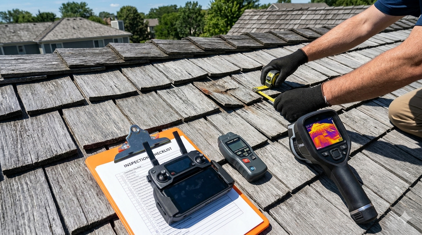 Professional roofer inspecting aging wood shingles with thermal camera and inspection checklist